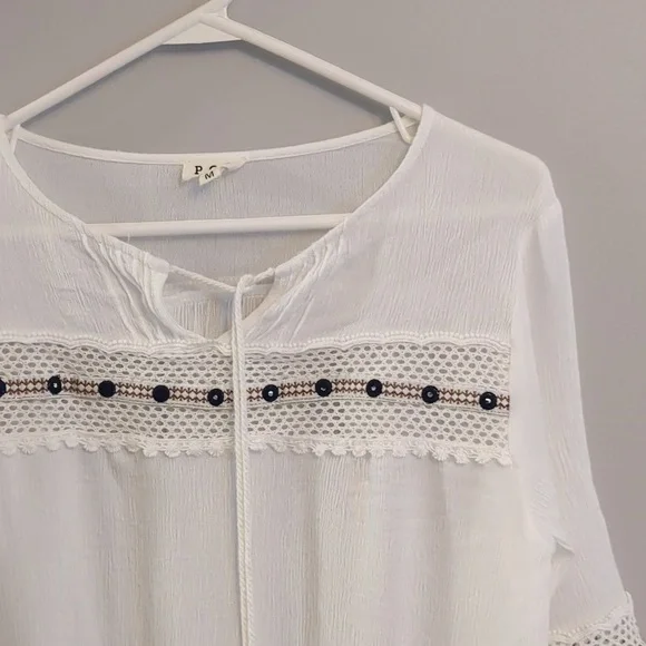 POL White Boho Peasant Blouse Tassel Tie Bell Sleeves Crochet Detail Medium - Picture 4 of 12